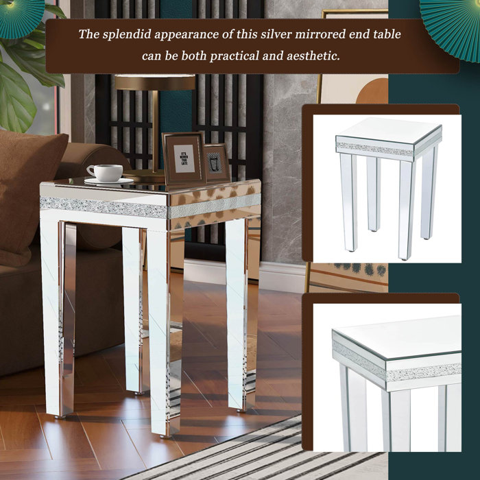 Everly Quinn Modern Glass Mirrored End Table, Side Table, Crystal